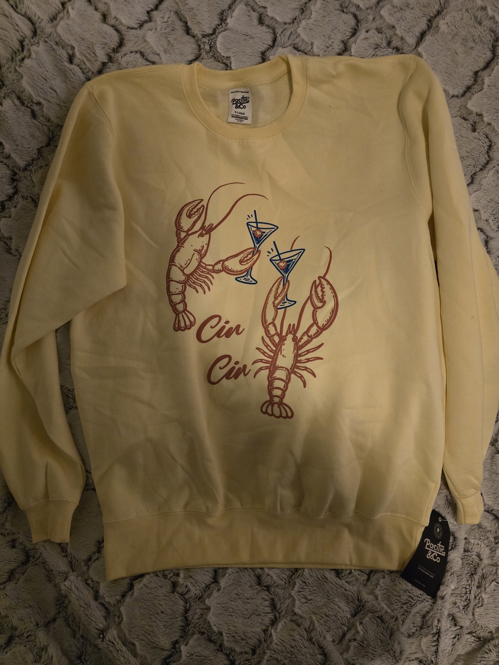 Pacific & Co Yellow Graphic Sweatshirt Cin Cin Lobster Martini  Coastal XL NWT